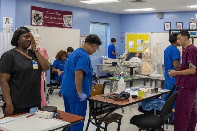 Nursing students demonstrate various health care techniques in a classroom at IDEA Public Schools - Spears in Houston, Monday, Aug. 11, 2025.