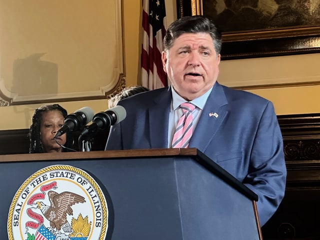 Gov. JB Pritzker speaks to reporters in the state Capitol, Tuesday, Aug. 12, 2025, in Springfield, Ili. (John O'Connor/AP)