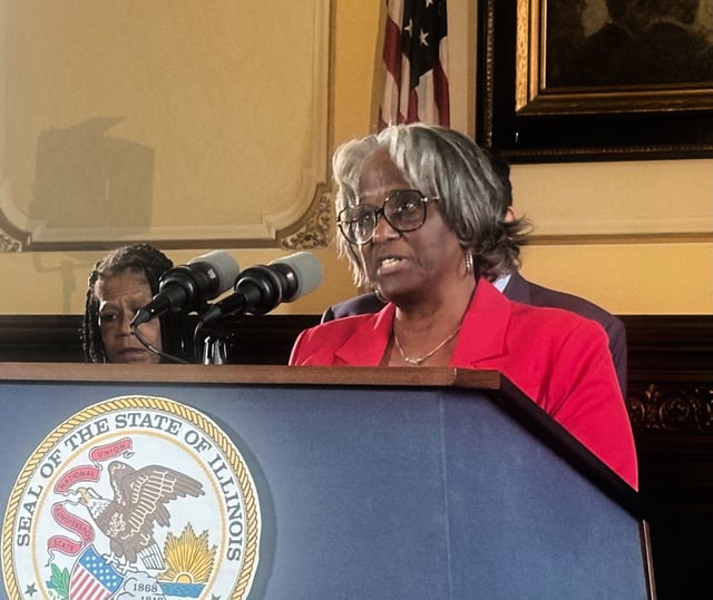 Sen. Doris Turner, D-Springfield, talks to reporters at the state Capitol, Tuesday, Aug. 12, 2025, in Springfield, Ili. (John O'Connor/AP)