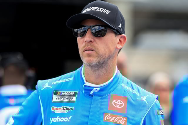 Denny Hamlin, driver of the #11 Progressive Toyota, looks on during qualifying for the NASCAR Cup Series Brickyard 400 Presented by PPG at Indianapolis Motor Speedway on July 26, 2025 in Indianapolis, Indiana.