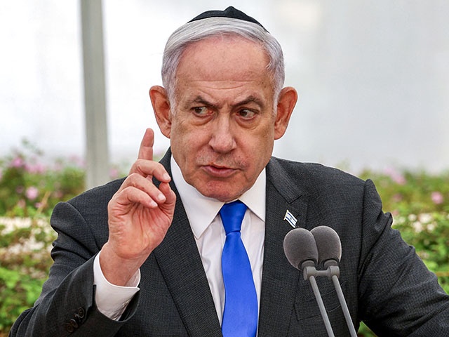 Israeli Prime Minister Benjamin Netanyahu speaks during a state memorial ceremony for the victims of the 1948 Altalena affair, at Nachalat Yitzhak cemetery in Tel Aviv on June 18, 2024. (Photo by Shaul GOLAN / POOL / AFP) (Photo by SHAUL GOLAN/POOL/AFP via Getty Images)