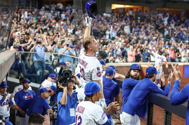 Aug 12, 2025; New York City, New York, USA;  New York Mets first baseman Pete Alonso (20) celebrates after hitting a two run home run to become the all time Mets franchise home run leader in the third inning against the Atlanta Braves at Citi Field. Mandatory Credit: Wendell Cruz-Imagn Images