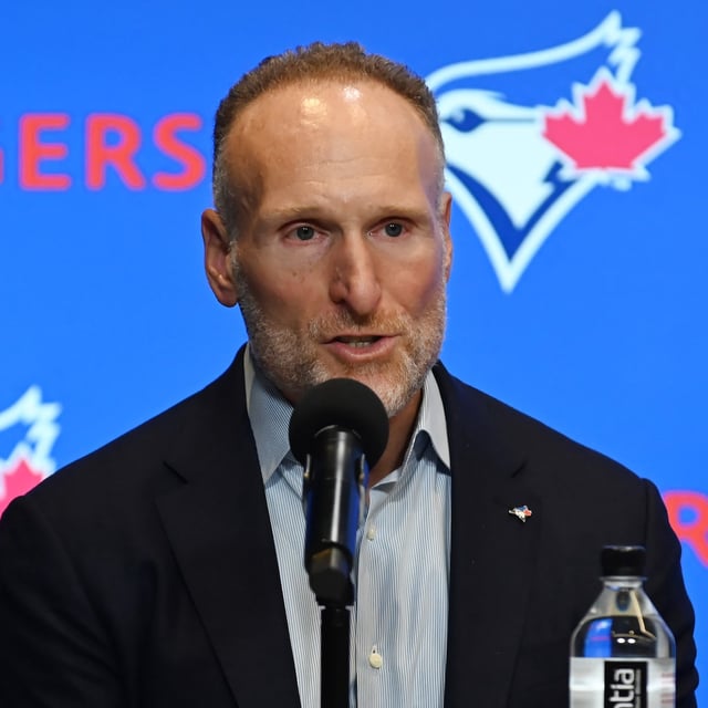 Toronto Blue Jays president and CEO Mark Shapiro participates in a press conference at Rogers Centre on Monday, April 14, 2025.