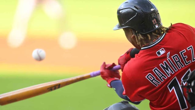 Jul 21, 2025; Cleveland, Ohio, USA; Cleveland Guardians third baseman Jose Ramirez (11) hits a three-run home run in the first inning against the Baltimore Orioles at Progressive Field. Mandatory Credit: David Richard-Imagn Images