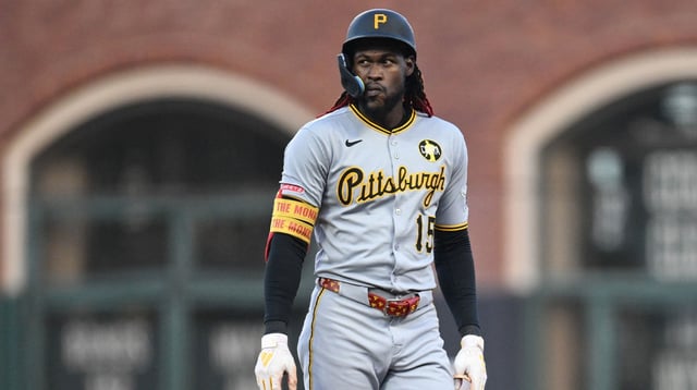 Jul 29, 2025; San Francisco, California, USA; Pittsburgh Pirates center fielder Oneil Cruz (15) reacts after being called out against the San Francisco Giants during the fourth inning at Oracle Park. Mandatory Credit: Eakin Howard-Imagn Images