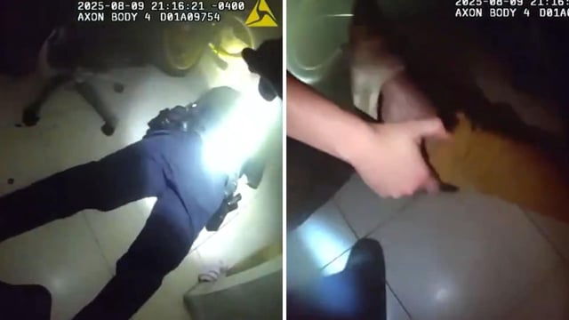 The image shows a cop crawling inside a burning home to rescue a man. 