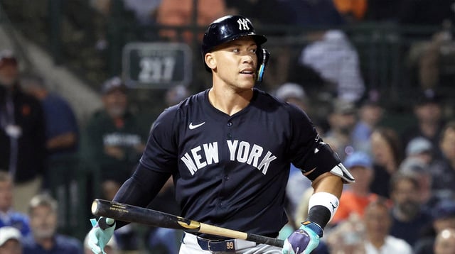 Mar 20, 2025; Sarasota, Florida, USA; New York Yankees outfielder Aaron Judge (99) looks on after he strikes out during the fifth inning against the Baltimore Orioles at Ed Smith Stadium. Mandatory Credit: Kim Klement Neitzel-Imagn Images
