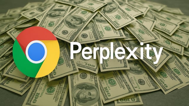 Logos von Google Chrome und Perplexity vor Dollar-Scheinen