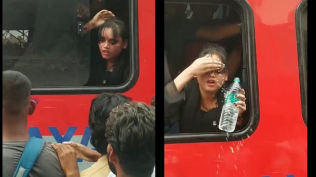 Girl struggles to breathe in an overcrowded train, tries to open the window, and splashes water.