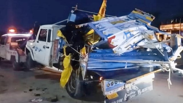 A towing vehicle hauls away the damaged pickup involved in the accident | ANI