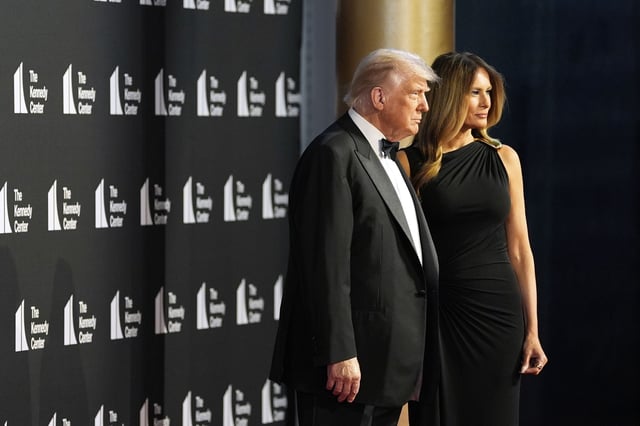 President Donald Trump and first lady Melania Trump arrive to view opening night of "Les Miserables," at the Kennedy Center, Wednesday, June 11, 2025, in Washington. (AP Photo/Alex Brandon)