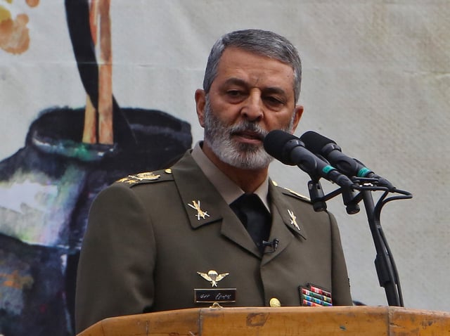 Commander-in-Chief of the Iranian Army Major General Abdolrahim Mousavi speaks during a rally outside the former US embassy in the capital Tehran on November 4, 2019, to mark the 40th anniversary of the Iran hostage crisis.