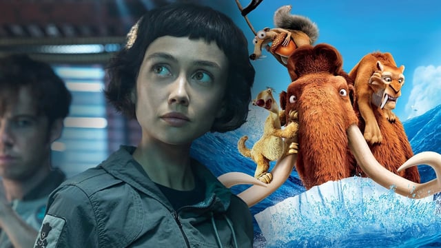 Joe and Wendy in Alien: Earth and the poster for Ice Age: Continental Drift