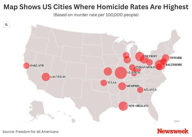 Newsweek map showing which cities have the highest murder rates (per 100,000 people).