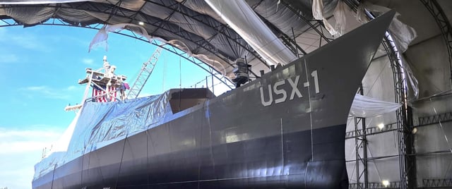 DARPA’s USX-1 Defiant, the NOMARS program prototype vessel designed to operate unmanned at sea, built without any features to accommodate a crew. (Photo: DARPA)