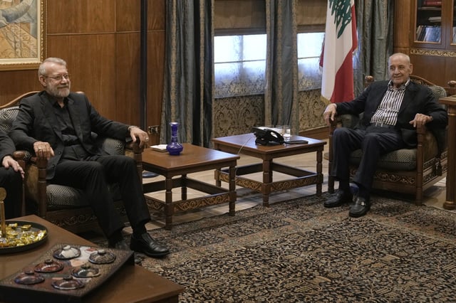 Iranian Secretary of Supreme National Security Council Ali Larijani, left, meets with the Lebanese Parliament Speaker Nabih Berri, in Beirut, Lebanon, Wednesday, Aug. 13, 2025. (AP Photo/Bilal Hussein)