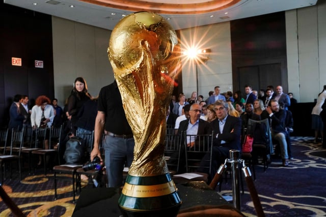 The Official FIFA World Cup Trophy is seen before a news conference in New York City, New York, U.S., June 17, 2022.  REUTERS/Eduardo Munoz/File Photo