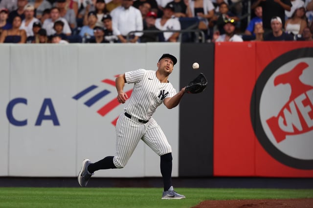 NEW YORK, NY - AUGUST 11: Giancarlo Stanton #27 of the New York Yankees in action during the game against the Minnesota Twins at Yankee Stadium on August 11, 2025 in New York, New York.