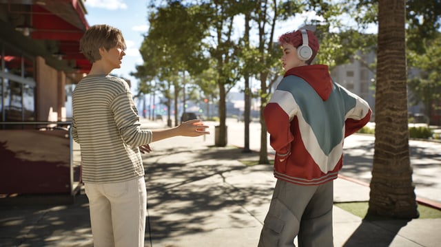 Two characters, known as Zoi in-game, having a conversation in a suburban street in a promotional screenshot for InZOI.