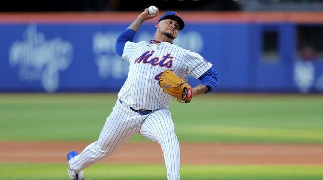 Jun 24, 2025; New York City, New York, USA; New York Mets starting pitcher Frankie Montas (47) pitches against the Atlanta Braves during the third inning at Citi Field. Mandatory Credit: Brad Penner-Imagn Images.