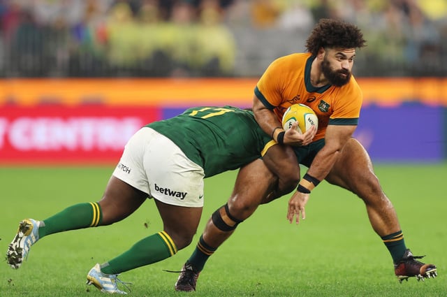 PERTH, AUSTRALIA - AUGUST 17: Zane Nonggorr of the Wallabies in possession during The Rugby Championship match between Australia Wallabies and South Africa Springboks at Optus Stadium on August 17, 2024 in Perth, Australia. (Photo by Janelle St Pierre/Getty Images)