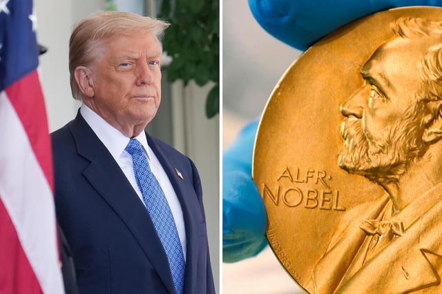 (L) U.S. President Donald Trump awaits the arrival of Armenian Prime Minister Nikol Pashinyan at the White House on August 8, 2025 in Washington, D.C. (R) FILE - In this April 17, 2015 file photo, a national library employee shows a gold Nobel Prize medal in Bogota, Colombia.