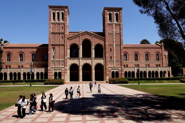 Students in front of Royce Hall  on the UCLA campus in Westwood on August 7.