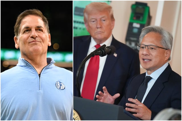 Mark Cuban (left) praised Donald Trump’s (center) deal with Nvidia CEO Jensen Huang (right) requiring the company to share 15% of certain China chip sales with the U.S. government — calling it a “progressive dream” tax, even as critics raise legal and security concerns.