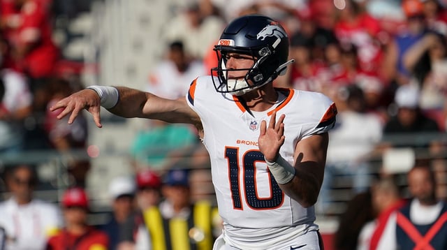 Aug 9, 2025; Santa Clara, California, USA; Denver Broncos quarterback Bo Nix (10) drops back to pass in the first quarter against the San Francisco 49ers at Levi&#39;s Stadium. Mandatory Credit: David Gonzales-Imagn Images