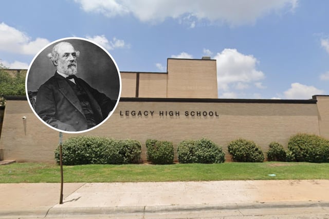 Legacy High School in Texas with an inset of Confederate Gen. Robert E. Lee during the American Civil War at an unknown location.