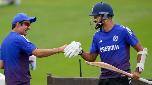 India's Akash Deep with head coach Gautam Gambhir during a practice session.