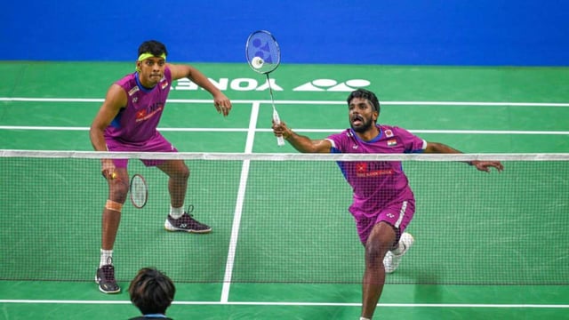 File image of duo Satwiksairaj Rankireddy and Chirag Shetty during a men’s doubles match. (Hindustan Times)