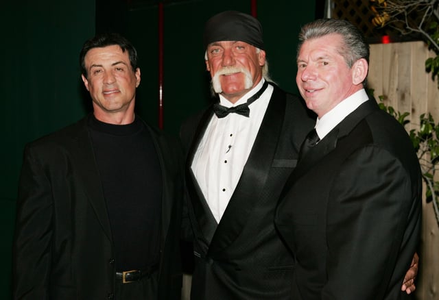 Sylvester Stallone, Hulk Hogan, inductee, and Vince McMahon