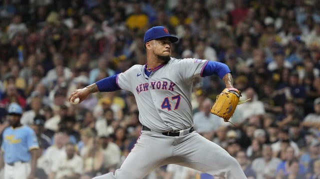 Aug 9, 2025; Milwaukee, Wisconsin, USA; New York Mets pitcher Frankie Montas (47) delivers a pitch against the Milwaukee Brewers in the second inning at American Family Field. Mandatory Credit: Michael McLoone-Imagn Images