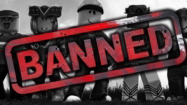 Roblox characters against a stamp that reads, 'Banned.'