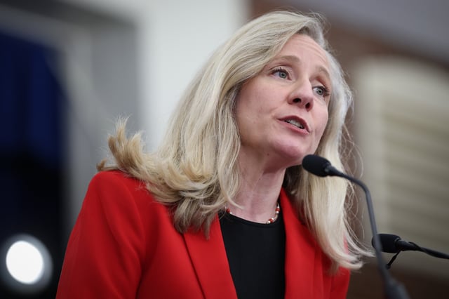 Former Representative Abigail Spanberger attends a rally in Alexandria, Virginia on April 10, 2025.