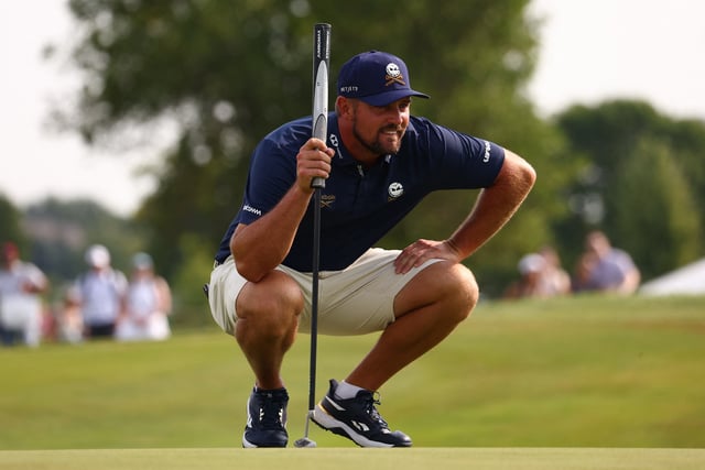 Aug 10, 2025; Bolingbrook, Illinois, USA; Bryson DeChambeau of the Crushers GC lines up his putt on first hole during the third round of the LIV Golf Chicago tournament at Bolingbrook Golf Club. Mandatory Credit: Melissa Tamez-Imagn Images
