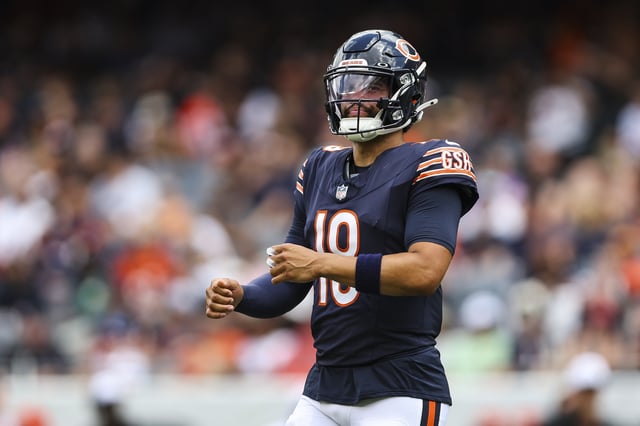 Caleb Williams #18 of the Chicago Bears looks on during an NFL football game against the Cincinnati Bengals at Solider Field on August 17, 2024 in Chicago, Illinois.