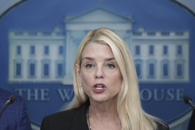 Attorney General Pam Bondi, speaks during a news conference with President Donald Trump in the James Brady Press Briefing Room at the White House, Monday, Aug. 11, 2025, in Washington. (AP Photo/Alex Brandon)