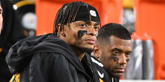 Oct 20, 2024; Pittsburgh, Pennsylvania, USA; Pittsburgh Steelers quarterbacks Justin Fields (2) and Russell Wilson (3) watch the action against the New York Jets during the fourth quarter at Acrisure Stadium. Mandatory Credit: Barry Reeger-Imagn Images