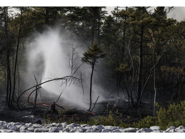 Fire hoses work on the ground at the Susies Lake wildfire in Halifax on Tuesday, Aug. 12, 2025.
