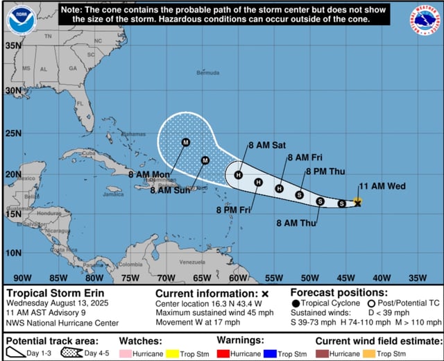 A forecast cone from the National Hurricane Center shows Tropical Storm Erin&#39;s path toward the U.S.