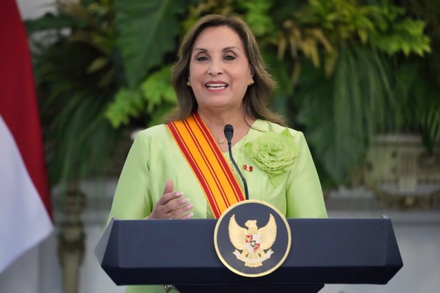 Peruvian President Dina Boluarte speaks during a press conference after meeting with her Indonesian counterpart Prabowo Subianto at Merdeka Palace in Jakarta, Indonesia, Monday, Aug. 11, 2025. (AP Photo/Achmad Ibrahim)