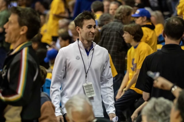 Kent Lacob greets fans before the Santa Cruz Warriors&#39; playoff game in March, 2019.