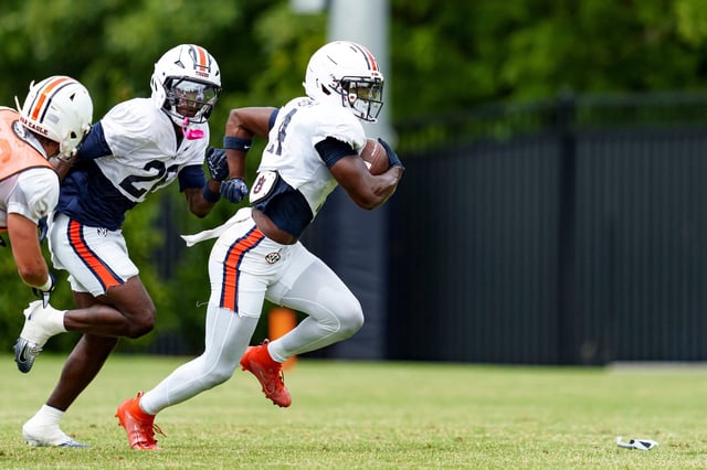 AUBURN, AL - August 08, 2025 - Auburn Defensive Back Rayshawn Pleasant (#14) during a fall camp practice at the Woltosz Football Performance Center in Auburn, AL.