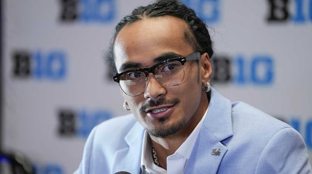 Jul 24, 2025; Las Vegas, NV, USA; UCLA quarterback Nico Iamaleava speaks to the media during the Big Ten NCAA college football media days at Mandalay Bay Resort. Mandatory Credit: Lucas Peltier-Imagn Images