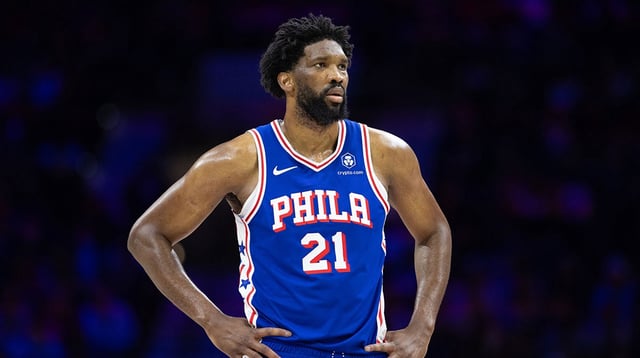 Feb 20, 2025; Philadelphia, Pennsylvania, USA; Philadelphia 76ers center Joel Embiid (21) looks on during the third quarter against the Boston Celtics at Wells Fargo Center. Mandatory Credit: Bill Streicher-USA TODAY Sports