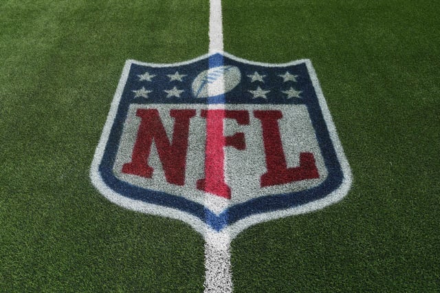 Aug 9, 2025; Inglewood, California, USA; An NFL shield logo on the field at SoFi Stadium. Mandatory Credit: Kirby Lee-Imagn Images