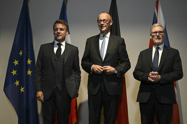 French President Emmanuel Macron, Germany&#39;s Chancellor Friedrich Merz and Prime Minister Sir Keir Starmer at a hotel prior to an E3 meeting on the sidelines of the NATO summit in The Hague, Netherlands. Picture date: Tuesday June 24, 2025.