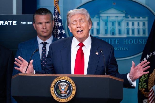 President Donald Trump conducts a news conference in the White House briefing room on Monday, Aug. 11, 2025. Secretary of Defense Pete Hegseth also appears.